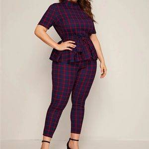 Mock-neck Belted Plaid Peplum Top & Leggings Set